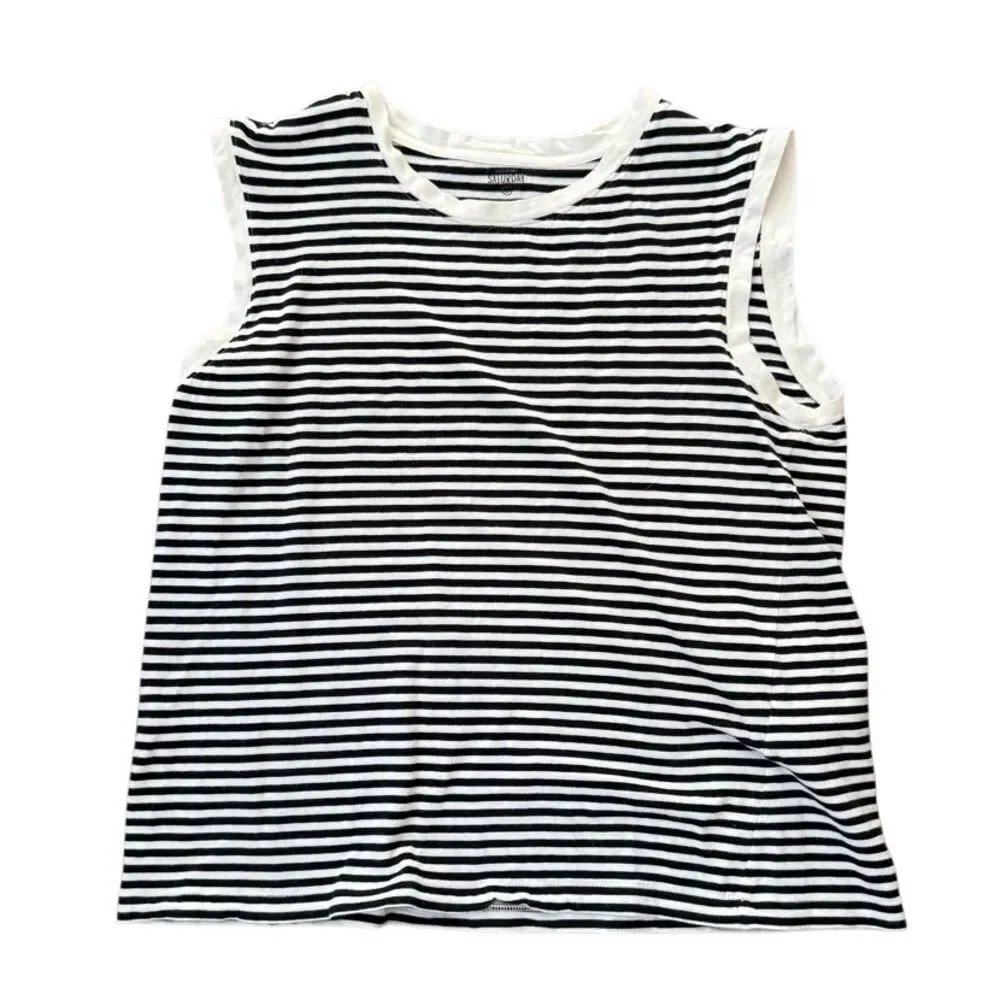 Kate Spade Saturday Muscle Tee Tank Striped Black White Cream Small